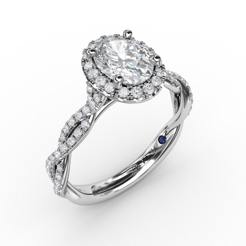 18K White Gold Oval Halo with Diamond Twist Shank Semi-Mount Engagement Ring