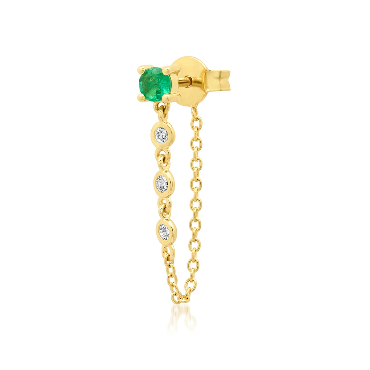 Eriness 14K Yellow Gold Single Emerald Stud Diamond Chain Earring