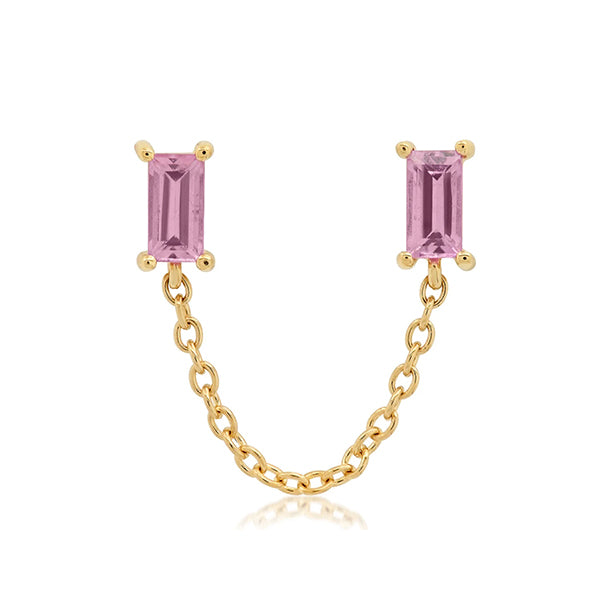 Eriness 14K Yellow Gold Single Pink Sapphire Baguette Chain Stud Earring - SBE53-YG-PS
