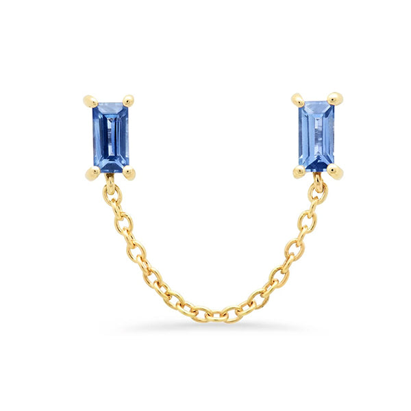 Eriness 14K Yellow Gold Single Blue Sapphire Baguette Chain Stud Earring - SBE53-YG-BS