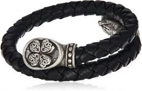 Men's Four Leaf Clover Braided Leather Wrap Bracelet (Silver/Black)