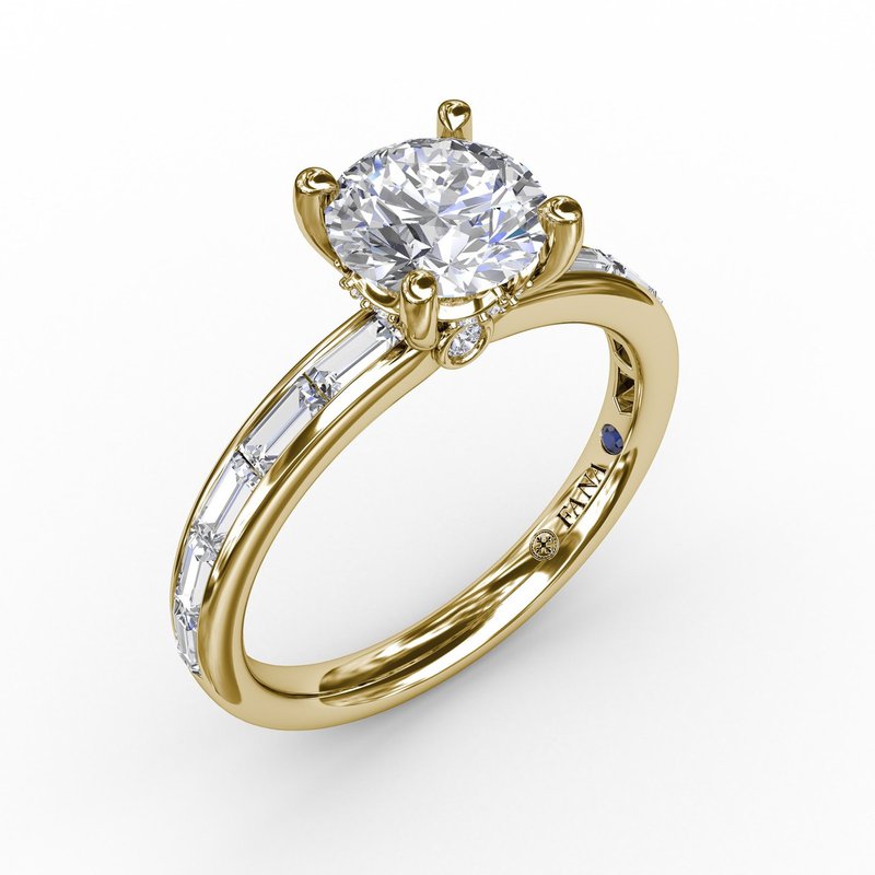 18K Yellow Gold Classic Round Diamond Solitaire Semi-Mount Engagement Ring With Baguette Diamond Shank