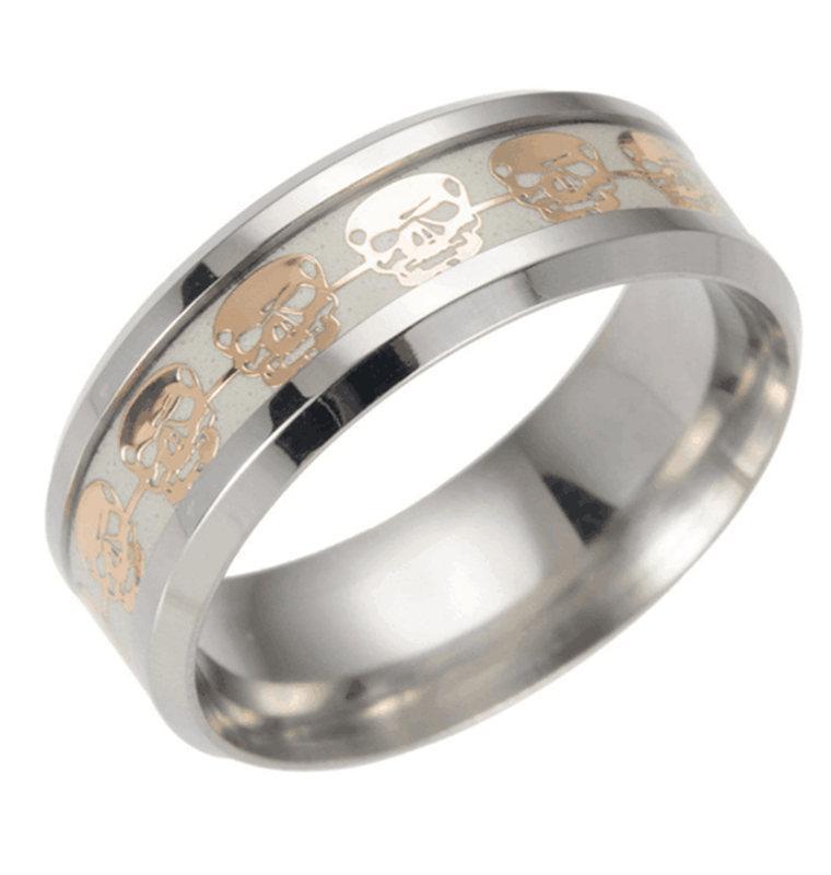 Self Luminous Skull Glow in The Dark Ring Silver and Gold Models 16 Sizes