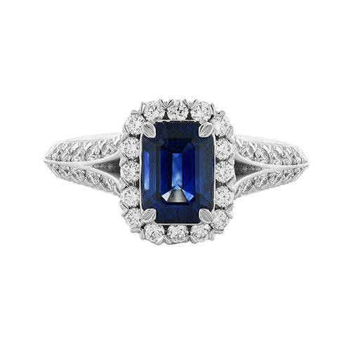 Christopher Designs Diamond Halo Emerald Cut Blue Sapphire Fashion Ring - L100ECS