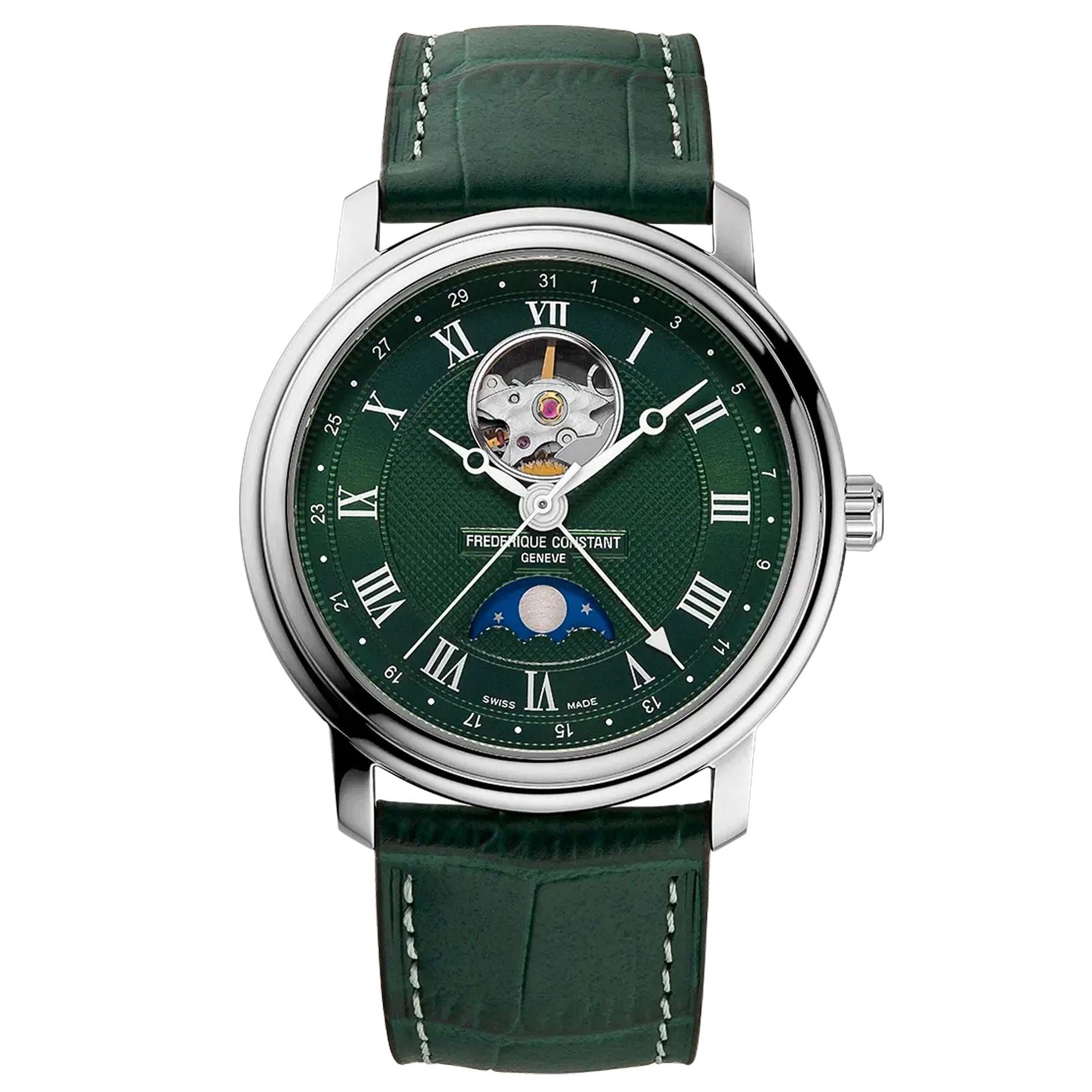 Classic Heart Beat Moonphase Green Dial and Green Leather Strap Watch