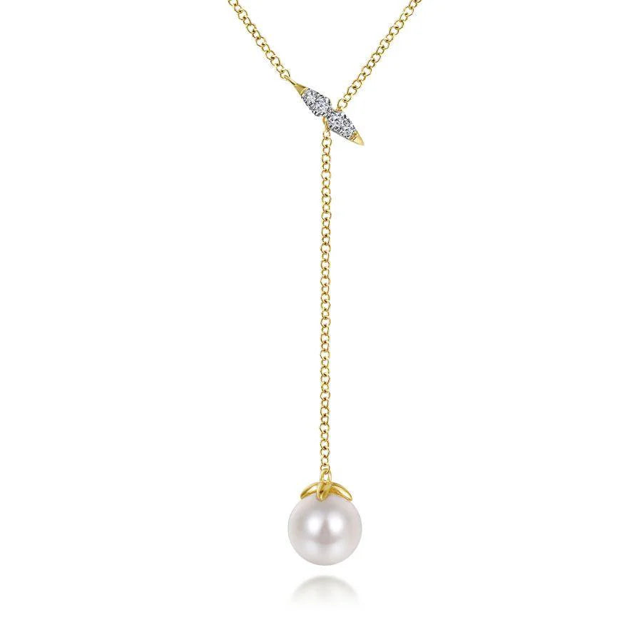 14K Yellow Gold Diamond And Pearl Y Knot Necklace