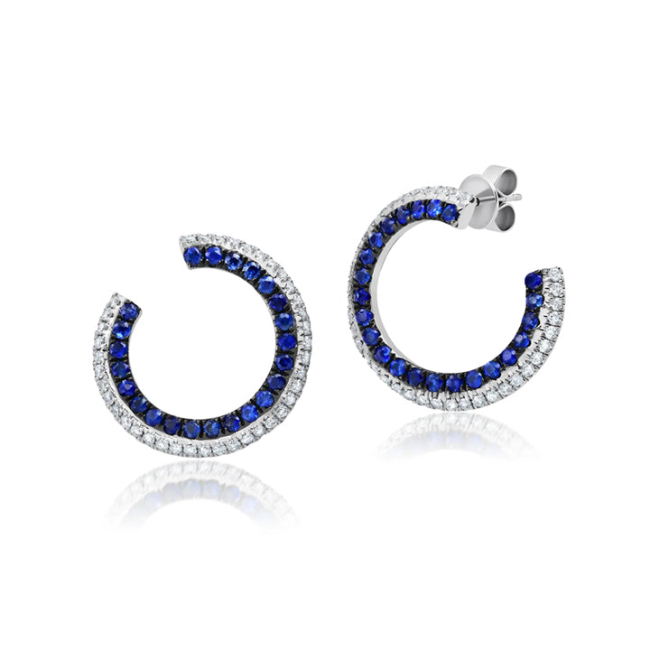 Graziela 18K White Gold Blue Sapphire and Diamond 3 Sided Open Circle Hoop Earrings - WBE-1351570