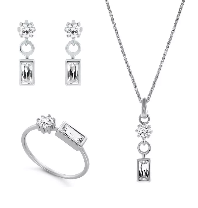Orphelia® 'Madelyn' Women's Sterling Silver Set: Necklace + Earrings + Ring - Silver SET-7583