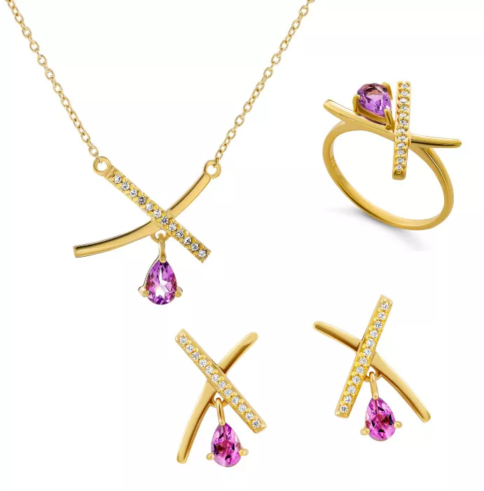 Orphelia® 'Charlotte' Women's Sterling Silver Set: Necklace + Earrings + Ring - Gold SET-7580/A