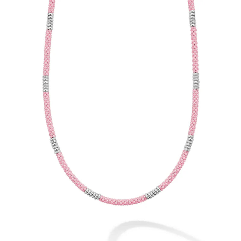 Lagos Pink Caviar Silver Station Ceramic Beaded Necklace 3mm - 04-81178-CP18