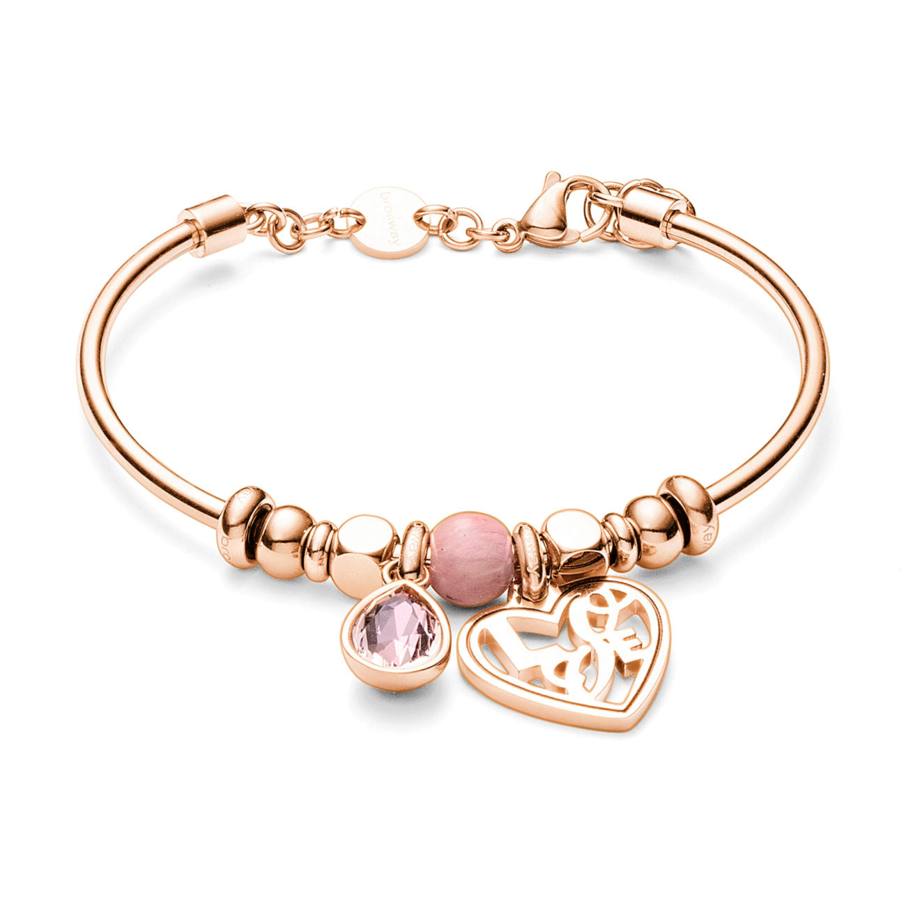 Très Jolie Heart, Rhodonite Stone and Crystal Pendant Bracelet (Rose-Gold)