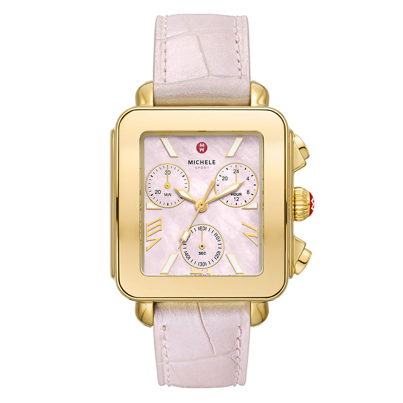 Michele Deco Sport Chronograph 18K Gold-Plated Pink Leather Watch - MWW06K000068