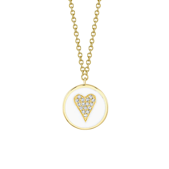 14K Yellow Gold Diamond & White Enamel Heart Necklace - SC55021542EW
