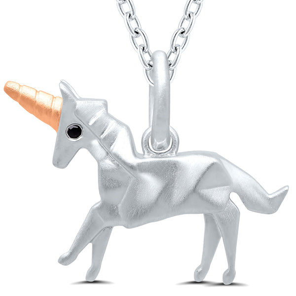 Sterling Silver Unicorn Necklace with Rose Gold Horn and Diamond Eyes
