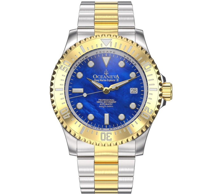 Oceaneva Deep Marine Explorer III Automatic 3000M Pro Diver Gold Blue Mother of Pearl Limited Edition