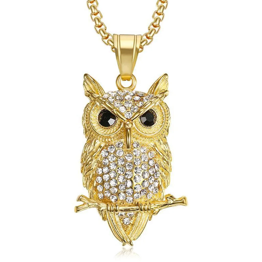 Pave-Set Crystal-Studded Owl Bling Stainless Steel Hip-hop Pendant Necklace