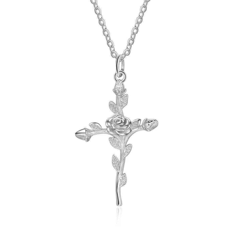 Sterling Silver Rose Stem Cross Pendant and Necklace