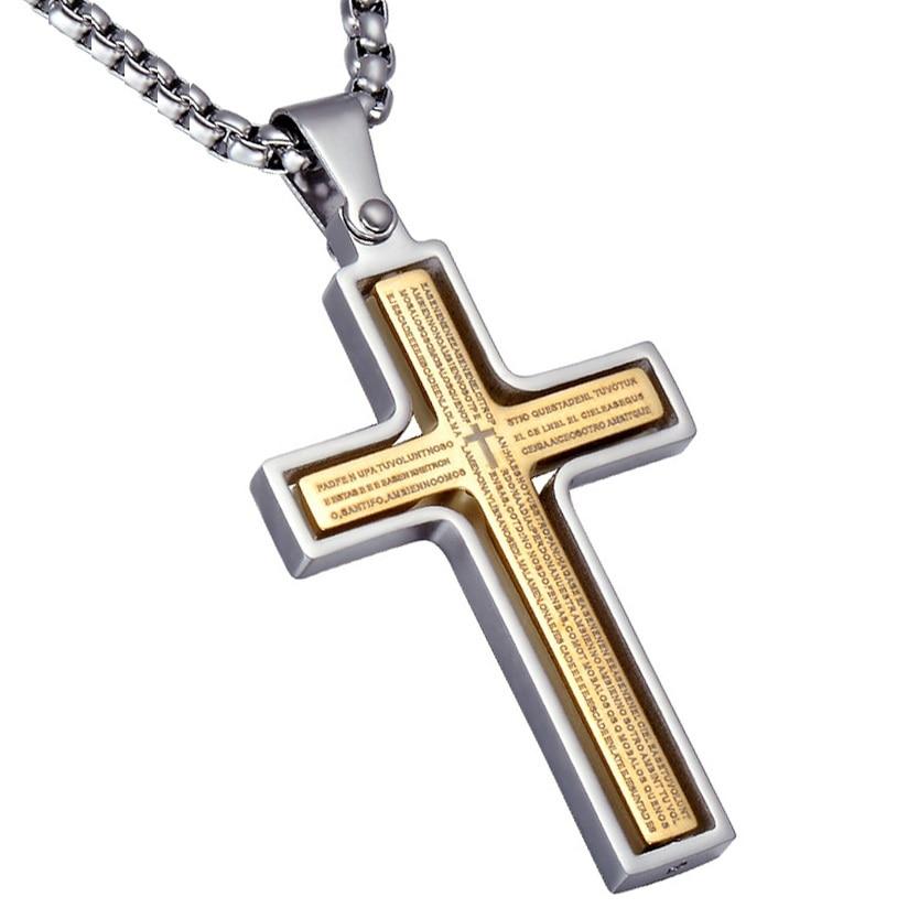 Two Tone Stainless Steel Cross Christian Pendant Necklace
