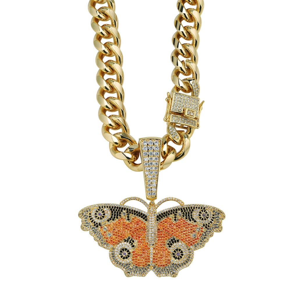Butterfly Micro Paved Cubic Zirconia Stainless Steel Hip-Hop Pendant Necklace