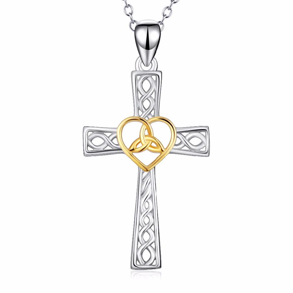 925 Sterling Silver Two-Tone Silver and Gold Knot Heart and Cross Pendant Necklace