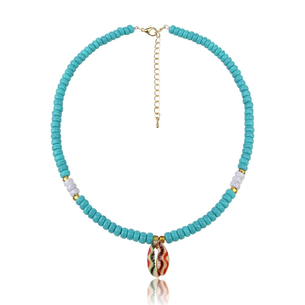 White and Blue Bead Choker with Painted Puka Shell Pendant