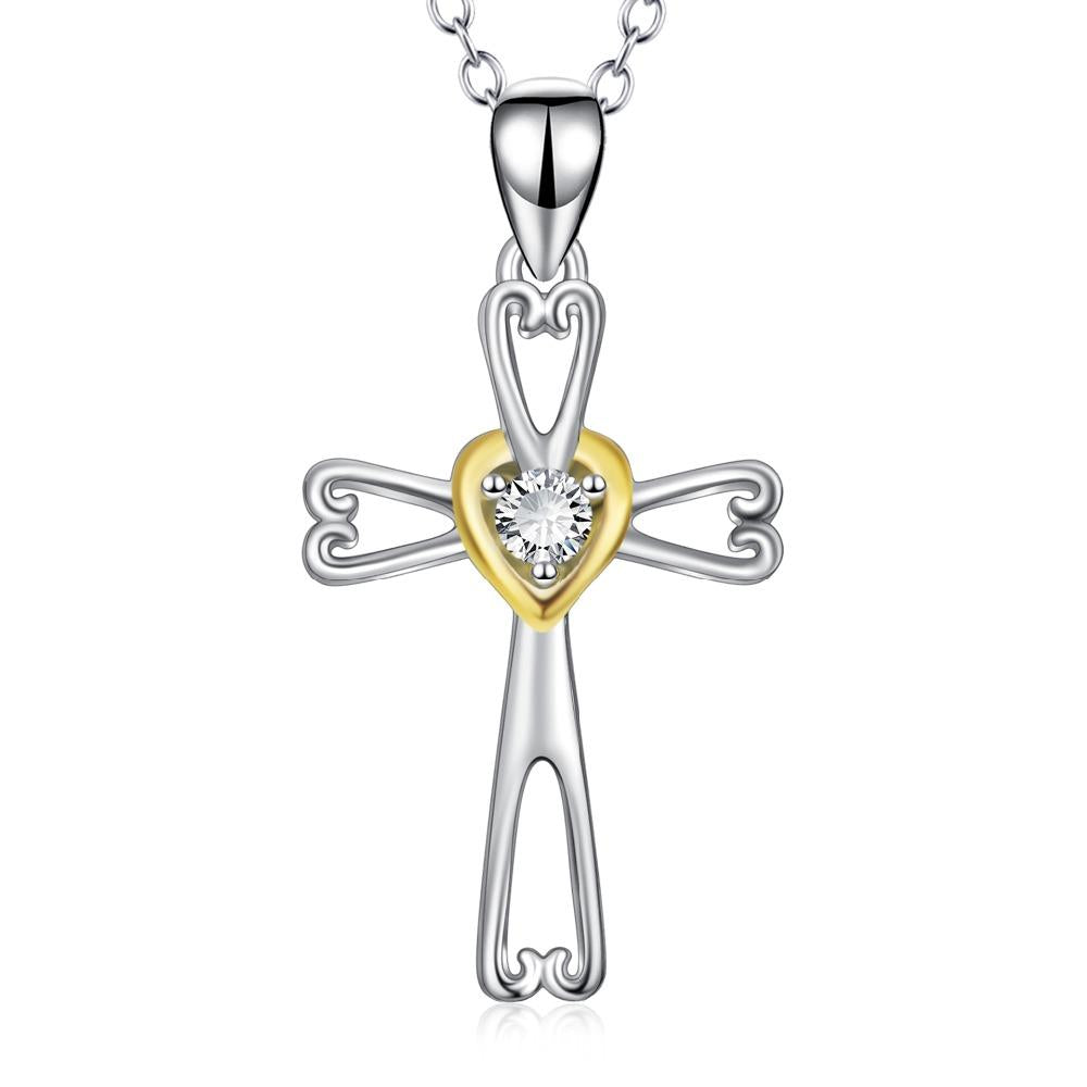 Two-Tone 925 Sterling Silver Cross Pendant with Gold Crystal Heart