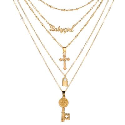 Multilayer Gold Chain Necklace with Pendant - Lock, Key and Cross