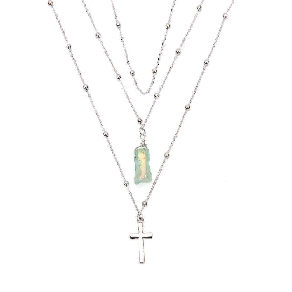 Silver Multi-layer Chain Necklace with Jade Crystal and Silver Cross Pendants