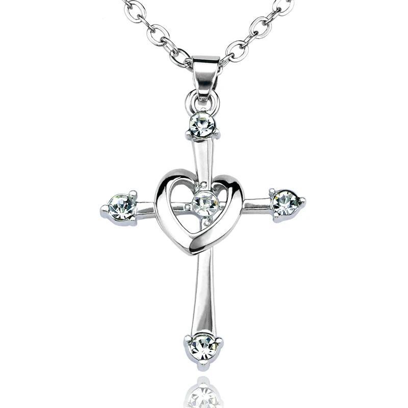 Sterling Silver Cross and Heart Pendant with Crystals Necklace