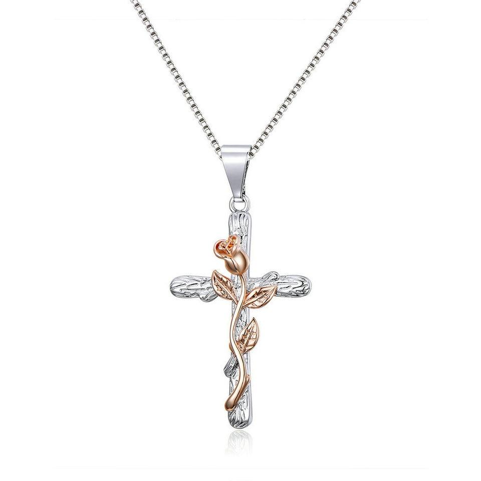 Sterling Silver Rose-themed Cross Pendant with Black Cubic Zirconia Gems Necklace