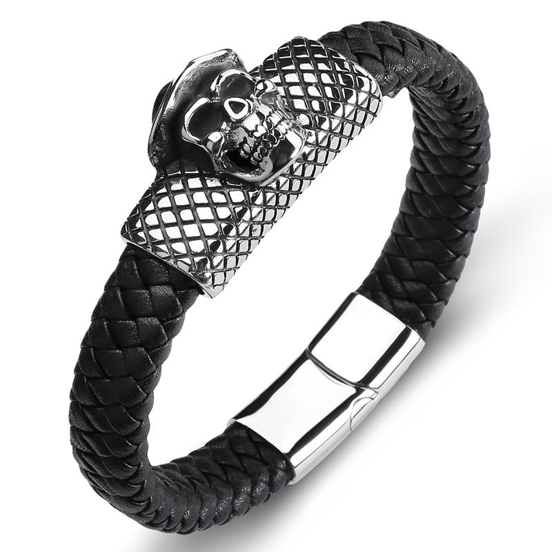 Black Braided Leather Stainless Steel Skull with Hat Bracelet