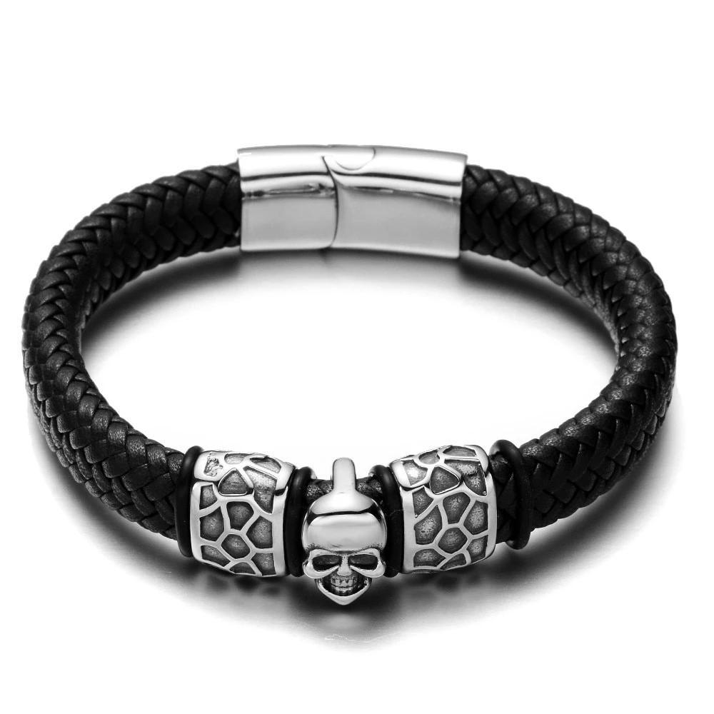 Black/Dark Brown Braided Leather Stainless Steel Skull and Beads Bracelet
