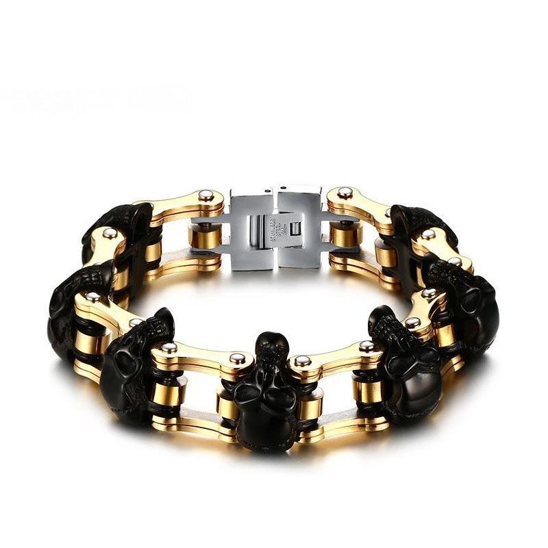 Black and Gold Stainless Steel Skull Biker Bracelet