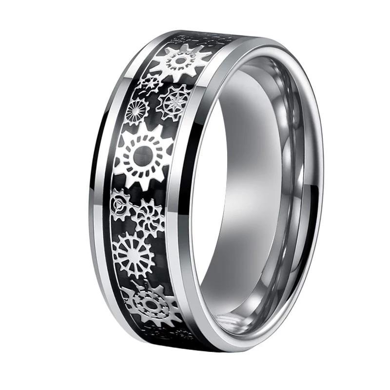 Silver Tungsten Carbide in Black Inlay with Gear Design Wedding Band