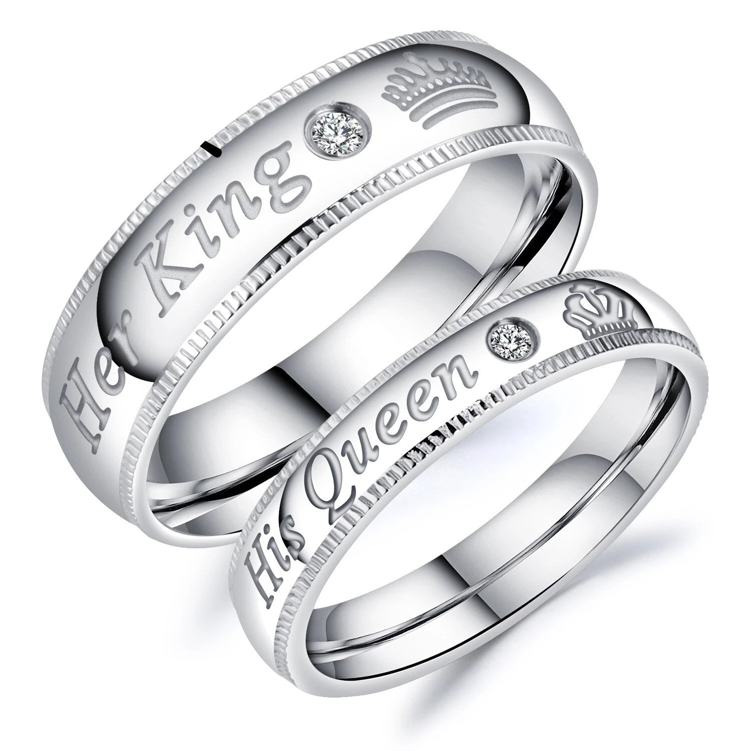 His and Her Silver Plated Stainless Steel with Crown and Round-Cut Cubic Zirconia Couple Ring