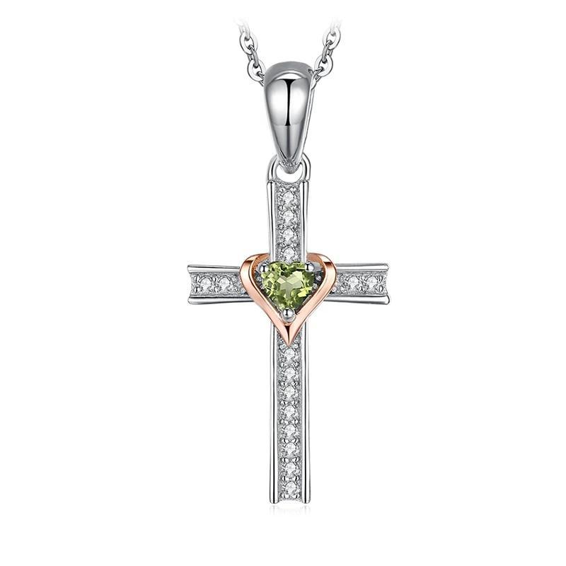925 Sterling Silver Peridot Heart Crystal on Silver Cross Pendant and Chain Necklace