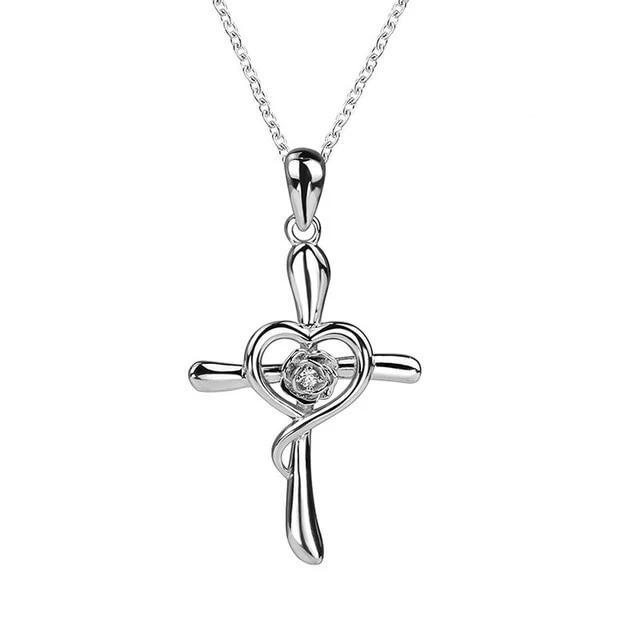 Silver Rose Heart Cross Pendant and Chain Necklace