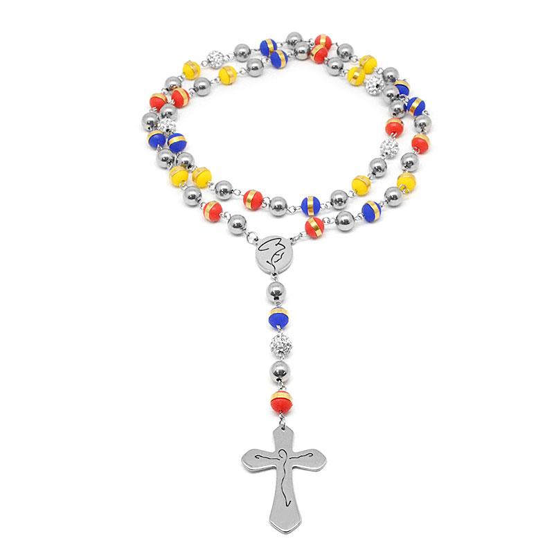Stainless Steel and Multicolor Rosary Bead Necklace