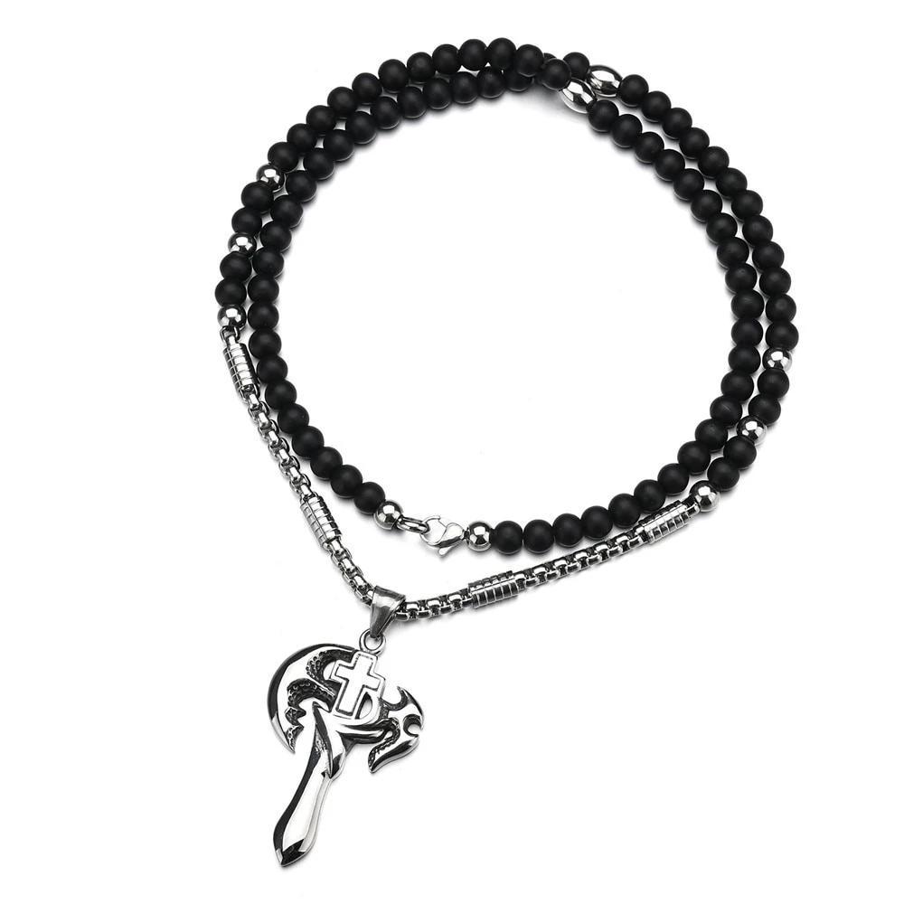 Stainless Steel Winged Cross Pendant with Black Beaded Necklace