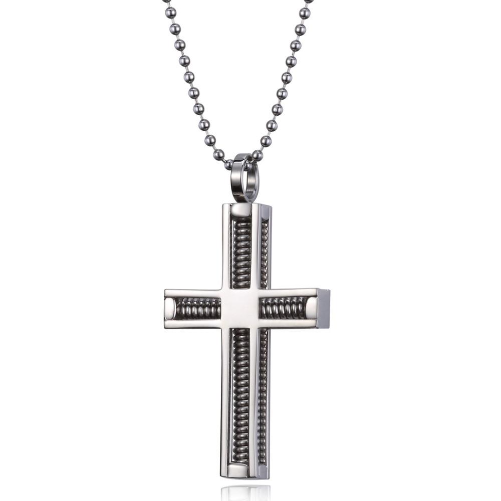Stainless Steel Wire Spring Cross Pendant and Ball Chain Necklace