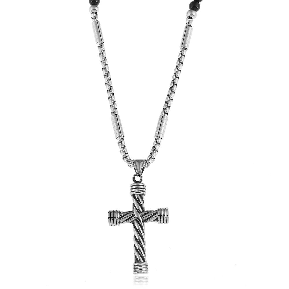 Twisted Steel Cross Pendant with Black Beaded Necklace