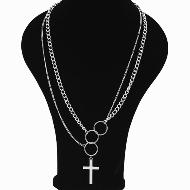 Silver Triple Ring Cross Pendant Dual Chain Necklace