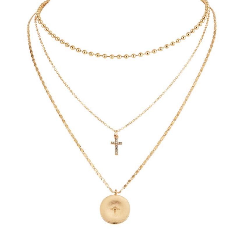 North Star and Cross on 3-Layer Golden Necklace