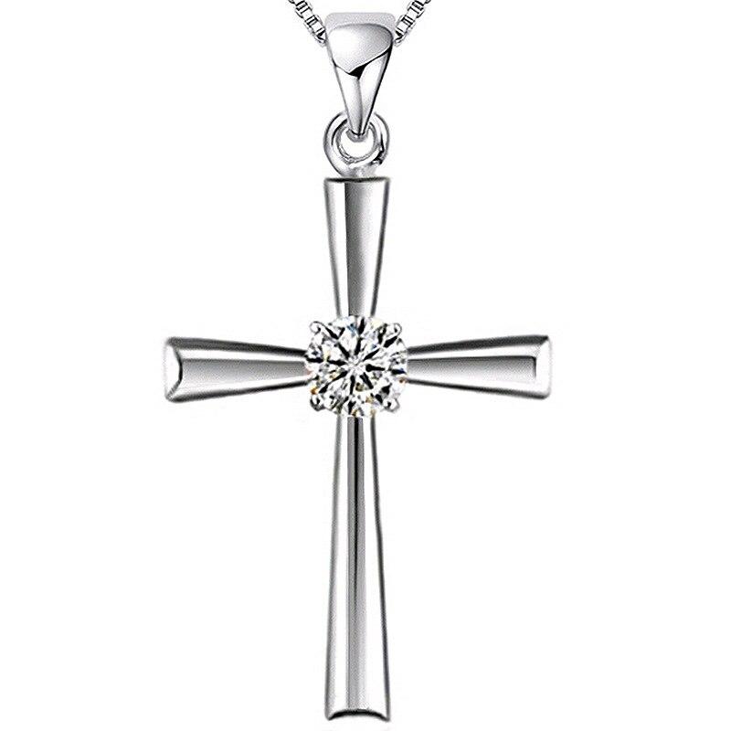 Smooth Silver Catholic Cross Pendant with Cubic Zirconia Crystal