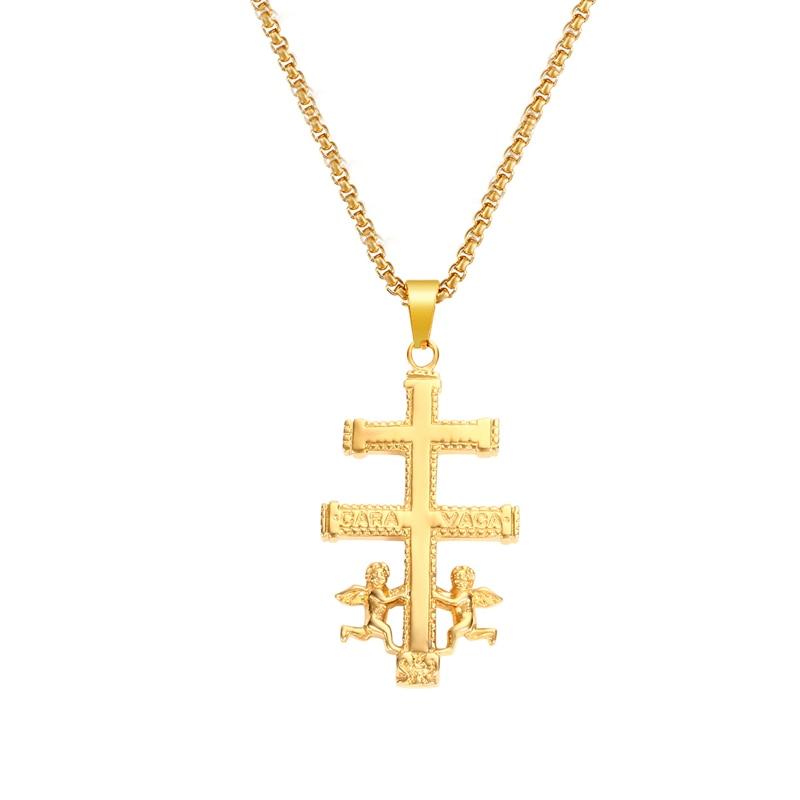 Golden 2-Beam Cross of Lorraine Ortodox Pendant with Angels
