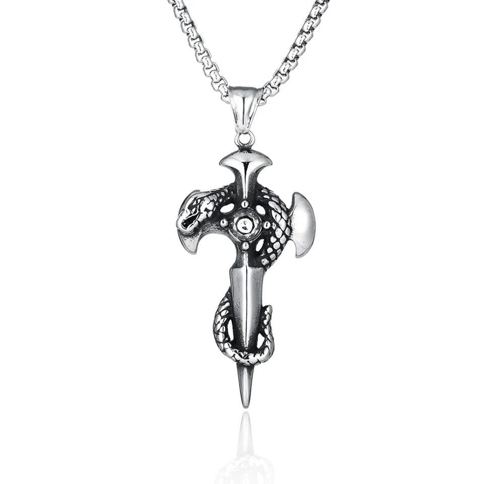 Stainless Steel Necklace and Sword Cross Pendant with Coiled Snake