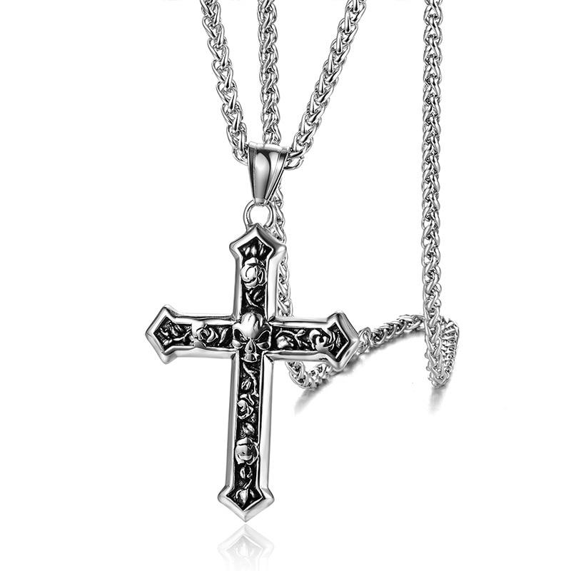 Stainless Steel Skull and Rose Cross Pendant Chain Necklace