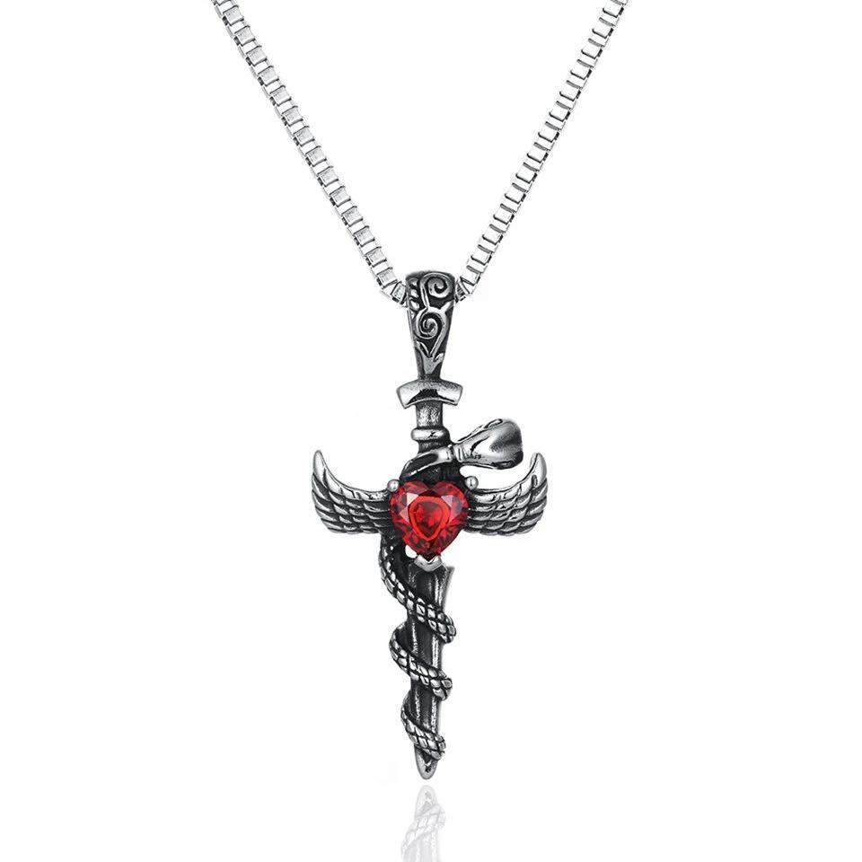 Silver Winged Sword Cross and Snake Pendant with Crystal Heart Necklace