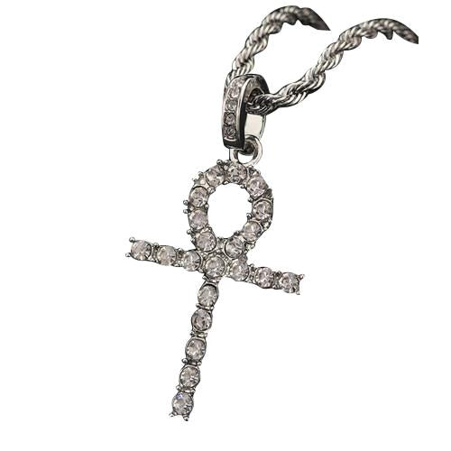 Thin Metallic Ankh Cross Pendant with Iced Rhinestones Necklace