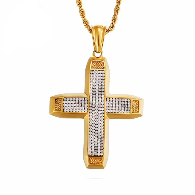 Thick Gold-plated Ethiopian Cross with Cubic Zirconia Pendant Necklace